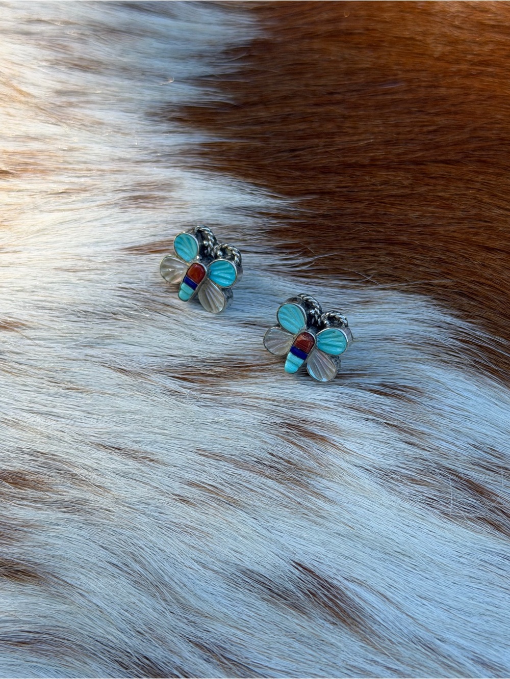 Vintage Zuni Multi-Stone Inlay Butterfly Earrings Sterling Silver".